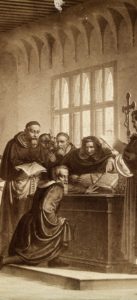 V0018717 Galileo Galilei at his trial Credit: Wellcome Library, London. Wellcome Images images@wellcome.ac.uk http://wellcomeimages.org Galileo Galilei at his trial by the Inquisition in Rome in 1633. Galileo pushes away the Bible. Published: - Copyrighted work available under Creative Commons Attribution only licence CC BY 4.0 http://creativecommons.org/licenses/by/4.0/